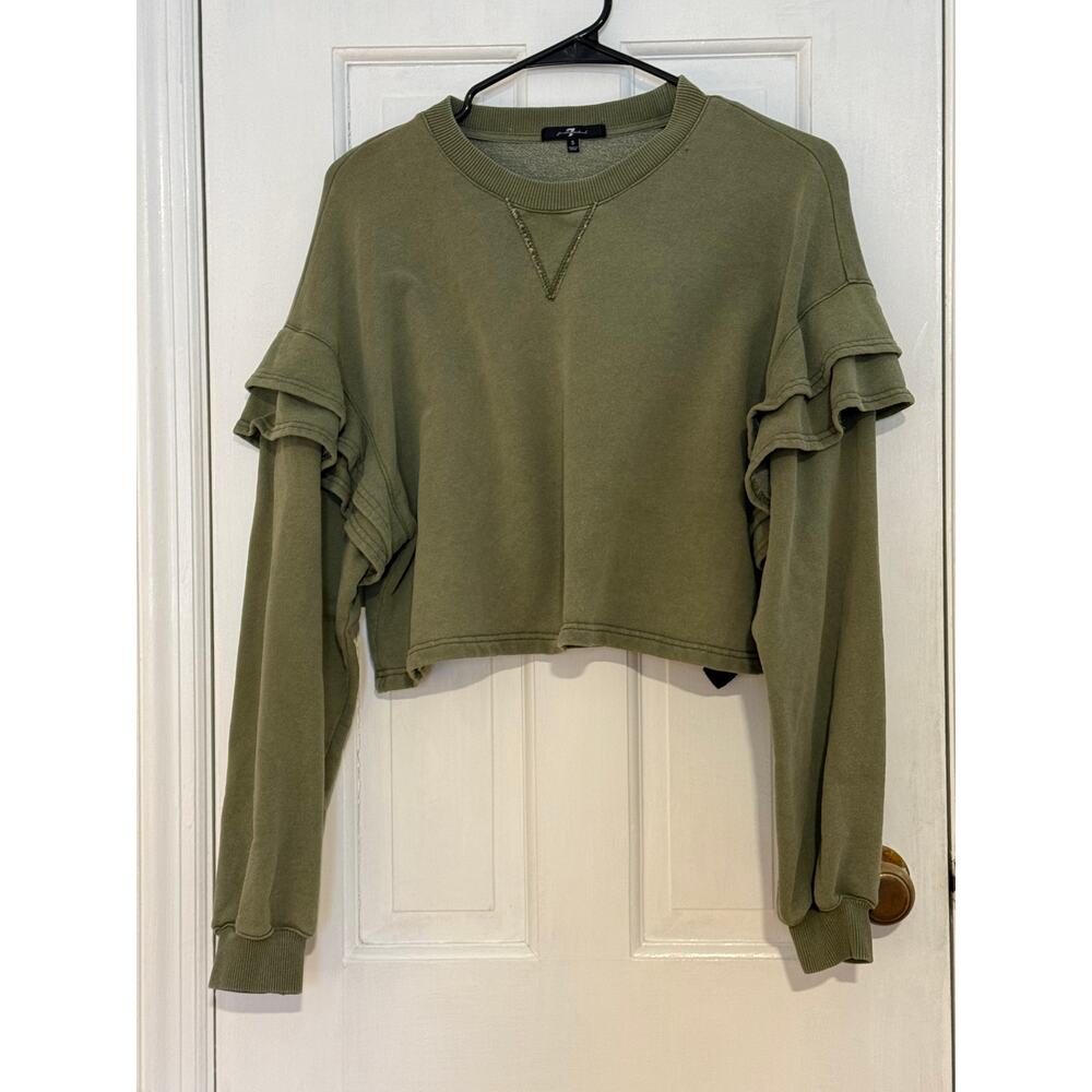 7 For All Mankind Ruffle Crop Sweatshirt Olive Green Size Small Excellent
